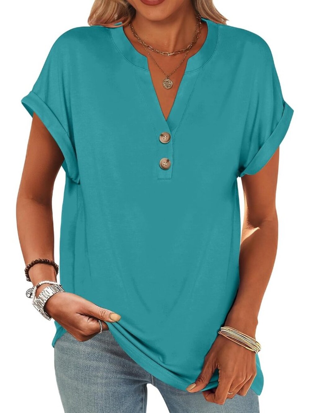 Women's Blue Summer Short Sleeves Henley V Neck Comfortable Trendy Tee Shirts